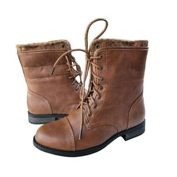 Forever‎ Womens Casual  Warm Lace Up Booties Faux Leather Cognac Size 6.5 - Picture 2 of 16